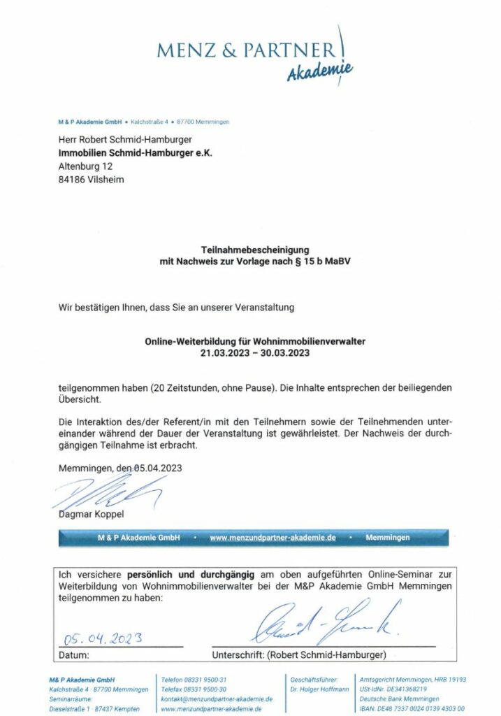Schulungsnachweis Robert Schmid-Hamburger.